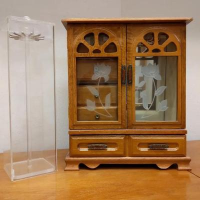 Wooden Jewelry Box with Frosted Glass Floral Doors & Drawers (c.1980s