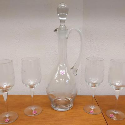 Romanian Crystal Wine Decanter with Stopper & 4 Matching Glasses (c.1980s)