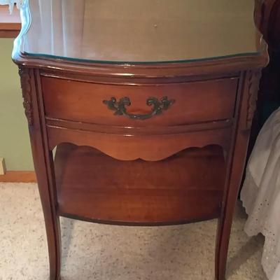Vintage 1960s Solid Wood Nightstand with Glass Top – French Provincial Style