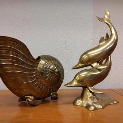 Brass Sculptures – Nautilus Shell Planter & Dolphin Trio (c.1970s–1980s)