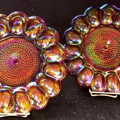Amber Carnival Glass Deviled Egg Plates from Indiana Glass