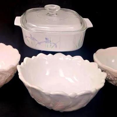 "Corning Ware" Casserole Dish and Milk Glass Bowls