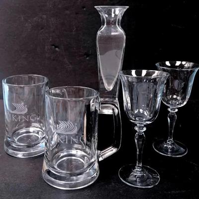 Beer Mugs, Wine Glasses, and a Bud Vase