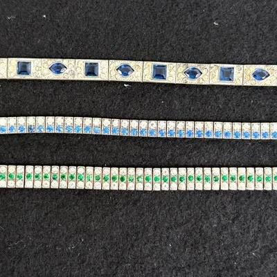 Art Deco Filigree Bracelet Trio – Sterling & Sapphire-Tone Designs