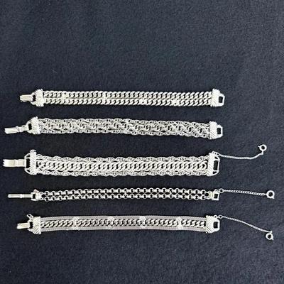 Set of 5 Vintage Goldette Chain-Weave Bracelets – 1960s Layered Silver-Tone Designs