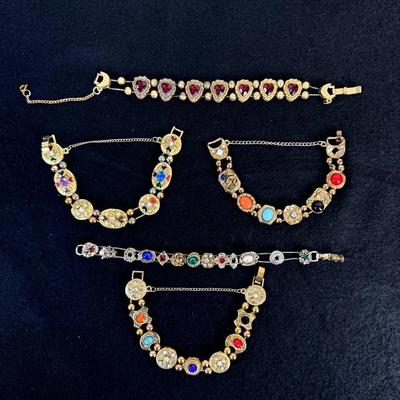Vintage Gold-Tone Multi-Stone Bracelet Collection – Goldette / Judy Lee Style – 1950s–60s Ornate Fil