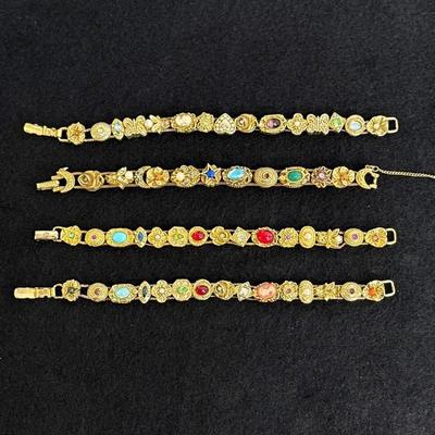 Vintage Gold-Tone Multi-Stone Victorian-Revival Panel Link Bracelets (Lot of 4)
