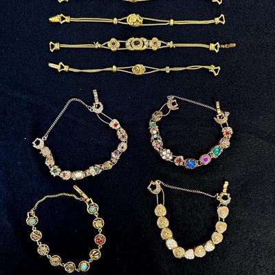 8 Vintage Gold-Tone Filigree & Jeweled Bracelets – Rhinestones, Mesh & Ornate Mid-Century Des