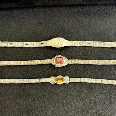 Art Deco Noveline Filigree Bracelet Trio – 1920s Glass Stone Panel Bracelets