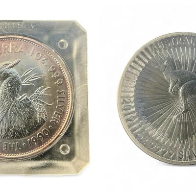 Australian $5 1990 Silver Kookaburra & 2019 Silver Kangaroo 