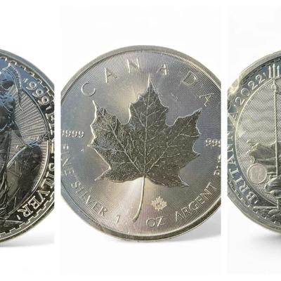 Canadian 2022 $5 Silver Maple Leaf & Two Silver Britannia 1 oz Coins 