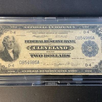 Federal Reserve Cleveland 1914 $2 Battleship Note w/ Display Case