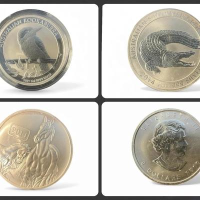Fine Silver 1 oz Coins - $5 Maple Leaf, Kookaburra, $5 Tokelau Horse, Salt Water Croc 