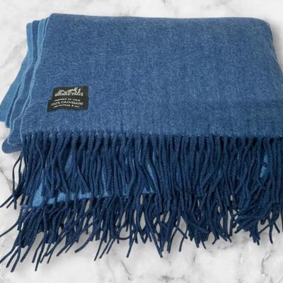 Hermes Two Tone Blue Cashmere Fringe Throw Blanket 85" x 56"