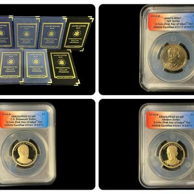 ANACS Presidential Dollar 3 Coin First Day Issue Sets (Taft, Roosevelt, Johnson)