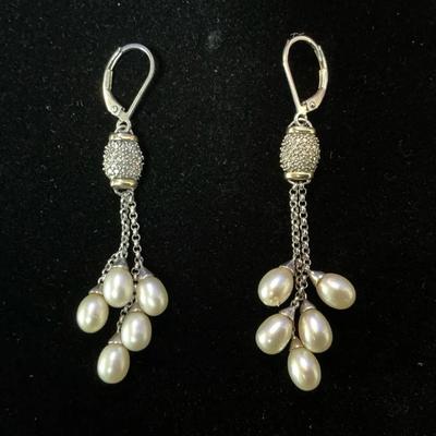 Sterling Silver Chip Diamond 14k Gold Accented Pearl Dangle Earrings