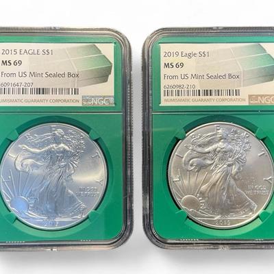 2015 & 2019 NGC MS69 American Silver Eagles 
