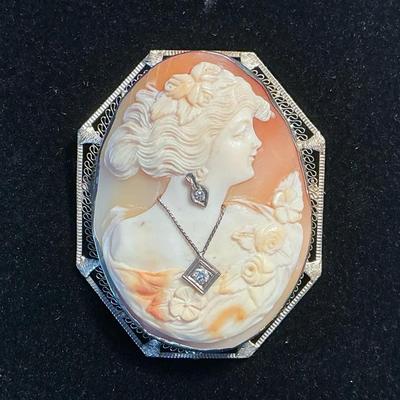 14k White Gold Antique Diamond Cameo Brooch