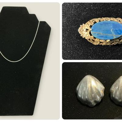 Sterling Silver Antique Lapis Brooch, Necklace, Sterling Shell Earrings 