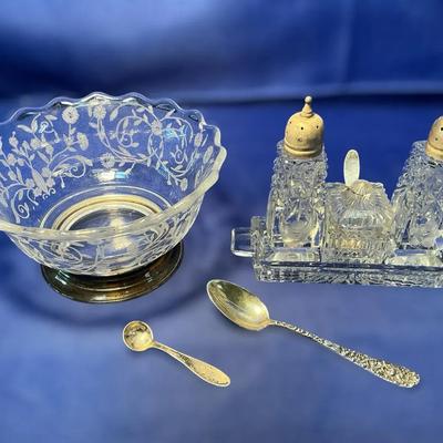 Sterling Footed Dish, Stieff Sterling Spoon, Slovakian Shakers 