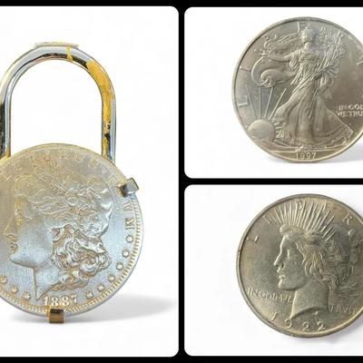American Peace Silver Dollar, Silver Eagle, Morgan Silver Dollar Clip 