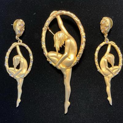 JJ Jonette Art Deco Style Brooch & Earring Set 