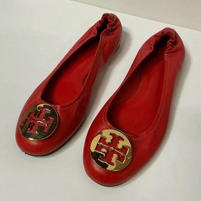 Tory Burch Red Leather Gold Logo Ballet Flats Womens 9.5
