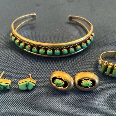 Sterling Silver And Turquoise Bracelet, Ring And Earrings 