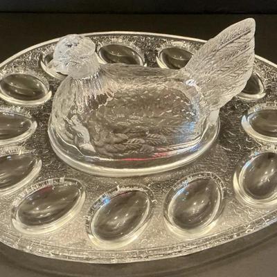 Clear Glass Hen on Nest Deviled Egg Tray