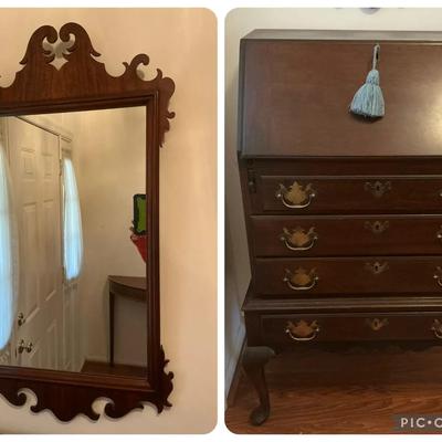Taylor Jamestown Secretary Desk & Chippendale Style Wall Mirror