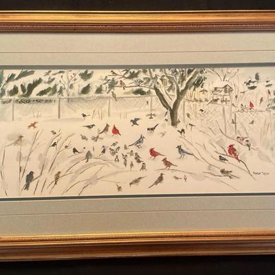 Phoebe Taylor Winter Birds Watercolor Painting 18.5"h x 30.75"w