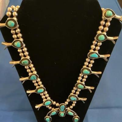 Vintage Silver And Turquoise Double Row Beaded Squash Blossom Necklace 