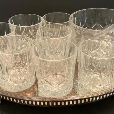 Vintage Crystal Ice Dish & Whiskey Glasses w/ Silverplate Tray