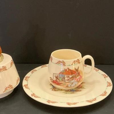 Royal Doulton Bunnykins Music Box, Figure, Cup, & Plate