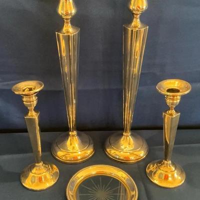 Weighted Sterling Silver Candlesticks & Rimmed Dish