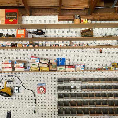 Tool Sorting Bins, Variety Of Nails And Screws, Portable Halogen Work Lamp