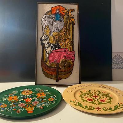 Vintage Norwegian Rosemaling On Wooden Plates & Handwoven Artwork Of Noah’s Ark