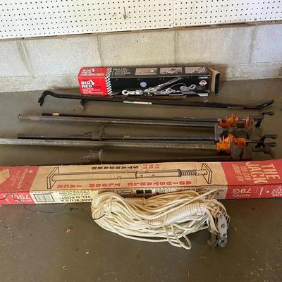 5 Adjustable Floor Jacks, 4-Ton Cable Puller, Crowbars, & Rope