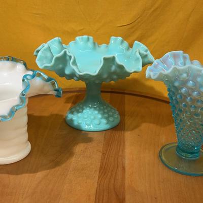 Three Fenton glass vases in opalescent and milk glass styles