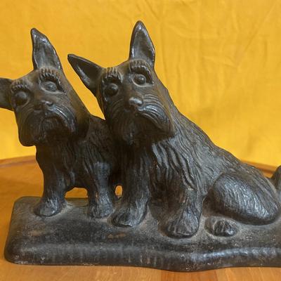 Antique cast iron "Listen" doorstop featuring two Scottie dogs by National Sewing Machine Co
