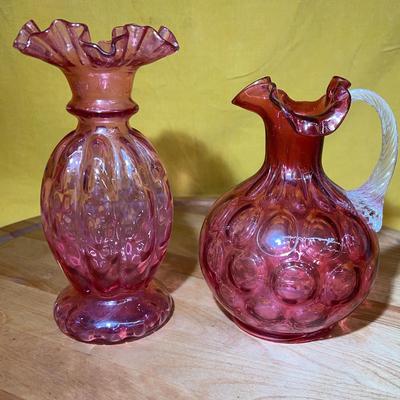 Vintage Fenton cranberry glass vase and pitcher