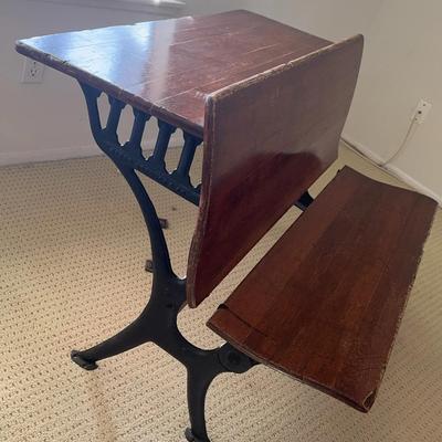 Antique Wood & Cast Iron School Desk with Bench Seat