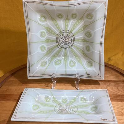 Higgins glass square and rectangular dishes with peacock design