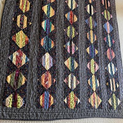 Handmade Quilt – Colorful Striped Diamond Pattern with Black and White Border
