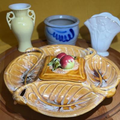 Wade of California leaf-shaped divided serving tray with ceramic apples + 3 ceramic vases