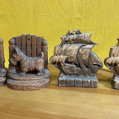 Vintage resin bookends featuring Scottish Terriers and sailing ships