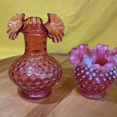 Two Fenton hobnail art glass vases with ruffled rims