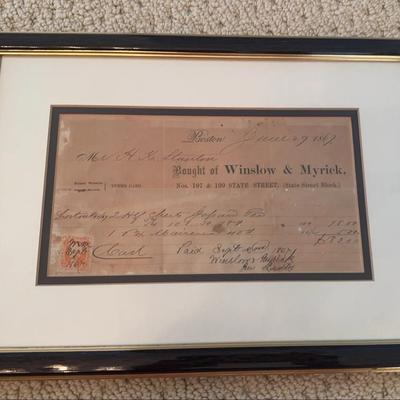 867 Winslow & Myrick Boston Handwritten Invoice with 2¢ Revenue Stamp (Framed)