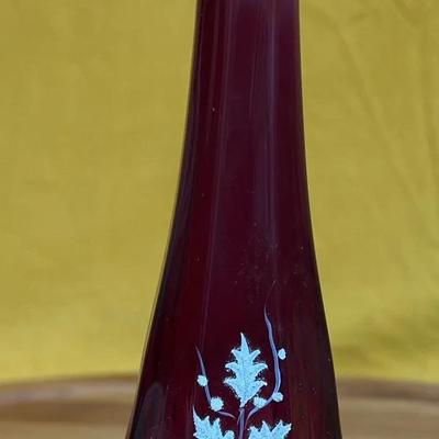 Fenton ruby red glass bud vase with hand-painted holly
