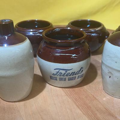Vintage "Friends" baked beans stoneware advertising jugs and pots